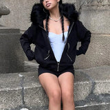 GETADME Goth Dark Faux Fur Collar Hooded Zip Up Hoodies Gothic Grunge Pockets Autumn Black Jackets Female Y2k Streetwear egirl Cardigans