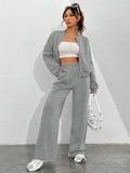 GETADME Grey Bomber Jacket Pant Women 2 Pieces Set Casual Long Sleeve Zipper Coat Casual Solid Sweatshirt Trousers Suit Fall Sportwear