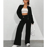 GETADME Grey Bomber Jacket Pant Women 2 Pieces Set Casual Long Sleeve Zipper Coat Casual Solid Sweatshirt Trousers Suit Fall Sportwear