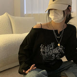 Getadme-Y2K T-shirt Fairy Grunge Vintage Letter Print Tops Black Autumn Off Shoulder Long Sleeved Korean Tees Loose Harajuku Shirt