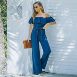 Spring Summer New Product Lace Up Ruffle Off Shoulder Denim Jumpsuit for Women's Fashion Blue Straight Trousers with Belt