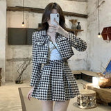 Getadme -Small Fragrance Style Elegant Tweed 2 Piece Set Women Vintage Houndstooth Cropped Jacket + Pleated Mini Skirt Suits Sexy Outfits