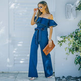 Spring Summer New Product Lace Up Ruffle Off Shoulder Denim Jumpsuit for Women's Fashion Blue Straight Trousers with Belt