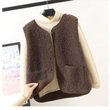 Getadme Vests New Spring Autumn Women Button Waistcoat Lamb Hair Winter Thermal Warm Thick Fleece Vests Sleeveless Jacket Ladies Coats