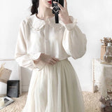 Japanese Cute Harajuku White Shirt Ruffle Tops Blouse Long Sleeve Sweet Lolita Basic Button Up Shirts 100% Cotton