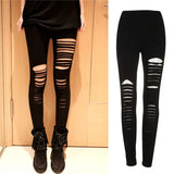 Getadme-Black Punk Ripped Torn Slashed Cut Striped Leggings Pants Gothic Club Asymmetric Hole Elastic Skinny Pencil Pants For Women Girl