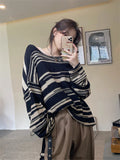 NEW Women Punk Gothic Striped Long Sleeve Loose Patchwork Sweater Hip Hop Retro Oversize Pullover Casual Knitted Jumpers