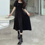 Getadme-Black Vintage Midi Dress Elegant Women Dresses Square Collar Puff Sleeve Oversized Loose Casual Sundress Female Robe