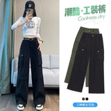 Getadme Y2K Cargo Pants Women Green Wide Leg Cargo Trousers Female Korean Streerwear Hip Hop Pockets Casual Retro Safari Style