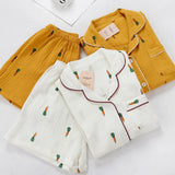 Women Pajamas Set Summer Comfort Gauze Cotton Turn-down Collar Sleepwear Set Ladies Thin Loose Cartoon Carrot Printed Homewear