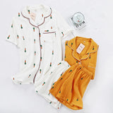 Women Pajamas Set Summer Comfort Gauze Cotton Turn-down Collar Sleepwear Set Ladies Thin Loose Cartoon Carrot Printed Homewear