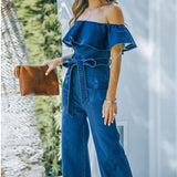 Spring Summer New Product Lace Up Ruffle Off Shoulder Denim Jumpsuit for Women's Fashion Blue Straight Trousers with Belt