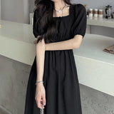 Getadme-Black Vintage Midi Dress Elegant Women Dresses Square Collar Puff Sleeve Oversized Loose Casual Sundress Female Robe