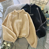 Women's Hoodie Lamb Wool Short Half High Collar Sweatshirt Velvet Thick Loose Ladies Sweater Korean Style Fall Winter Zipper