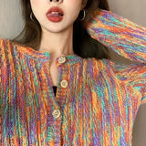 GETADME Hdspq New Rainbow Color Cardigan with Buttons 2024 Autumn Winter Korean Fashion Long Sleeve Knit Cardigan Women Loose Sweaters