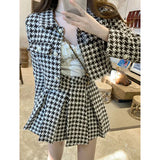 Getadme -Small Fragrance Style Elegant Tweed 2 Piece Set Women Vintage Houndstooth Cropped Jacket + Pleated Mini Skirt Suits Sexy Outfits