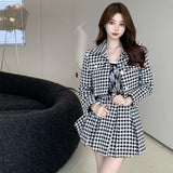 Getadme -Small Fragrance Style Elegant Tweed 2 Piece Set Women Vintage Houndstooth Cropped Jacket + Pleated Mini Skirt Suits Sexy Outfits