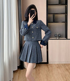 GETADME High Quality French Small Fragrance Autumn Tweed Denim Women Short Jacket Coat + Pleated Skirt Suits Luxury Brand 2 Piece Set