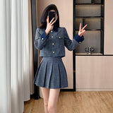 GETADME High Quality French Small Fragrance Autumn Tweed Denim Women Short Jacket Coat + Pleated Skirt Suits Luxury Brand 2 Piece Set