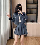 GETADME High Quality French Small Fragrance Autumn Tweed Denim Women Short Jacket Coat + Pleated Skirt Suits Luxury Brand 2 Piece Set