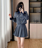 GETADME High Quality French Small Fragrance Autumn Tweed Denim Women Short Jacket Coat + Pleated Skirt Suits Luxury Brand 2 Piece Set