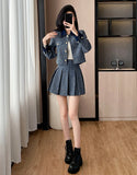 GETADME High Quality French Small Fragrance Autumn Tweed Denim Women Short Jacket Coat + Pleated Skirt Suits Luxury Brand 2 Piece Set