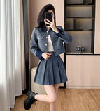 GETADME High Quality French Small Fragrance Autumn Tweed Denim Women Short Jacket Coat + Pleated Skirt Suits Luxury Brand 2 Piece Set