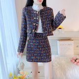 GETADME High Quality Small Fragrance Tweed 2 Piece Sets Women Outfits Fashion Jacket Coat Crop Top +Skirt Sets Vintage Elegant Suits New