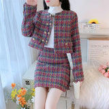 GETADME High Quality Small Fragrance Tweed 2 Piece Sets Women Outfits Fashion Jacket Coat Crop Top +Skirt Sets Vintage Elegant Suits New