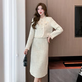 GETADME High Quality Small Fragrance Tweed Two Piece Set Women Short Jacket Coat+Long Skirt Suits Korean Elegant OL Office Outfits