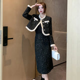 GETADME High Quality Small Fragrance Tweed Two Piece Set Women Short Jacket Coat+Long Skirt Suits Korean Elegant OL Office Outfits