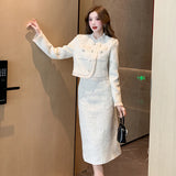 GETADME High Quality Small Fragrance Tweed Two Piece Set Women Short Jacket Coat+Long Skirt Suits Korean Elegant OL Office Outfits