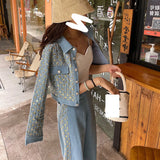 GETADME High Quality Small Fragrance Wind Spring Tweed Two Piece Set Women Crop Jackets Coat + Pants Suits Vintage Sequin 2 Piece Set