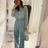 GETADME High Quality Small Fragrance Wind Spring Tweed Two Piece Set Women Crop Jackets Coat + Pants Suits Vintage Sequin 2 Piece Set