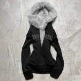 GETADME High Street Y2K Harajuku Clothing Jacket American Retro Fur Collar Slim Zipper Hoodie Women Fashion Punk Casual Warm Sweatshirt