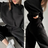 GETADME Hoodies Suit Winter Autumn Solid Casual Tracksuit Women Fleece 2 Pieces Set Sports Sweatshirts Pullover Jogger Sweatpants Outfit