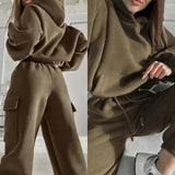 GETADME Hoodies Suit Winter Autumn Solid Casual Tracksuit Women Fleece 2 Pieces Set Sports Sweatshirts Pullover Jogger Sweatpants Outfit