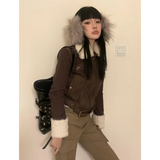 GETADME Japanese Y2k Fur Coat Women American Retro Brown Knitted Jacket Vintage Korean Style Zipper  Winter 2000s Aesthetics