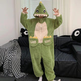 Getadme Kigurumis Dinosaur Women Men Pajamas Jumpsuits Sleepwear Winter Thicken Couples Hooded Pyjamas Velvet Zipper Onesie Soft Warm