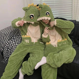 Getadme Kigurumis Dinosaur Women Men Pajamas Jumpsuits Sleepwear Winter Thicken Couples Hooded Pyjamas Velvet Zipper Onesie Soft Warm