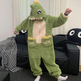 Getadme Kigurumis Dinosaur Women Men Pajamas Jumpsuits Sleepwear Winter Thicken Couples Hooded Pyjamas Velvet Zipper Onesie Soft Warm