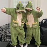 Getadme Kigurumis Dinosaur Women Men Pajamas Jumpsuits Sleepwear Winter Thicken Couples Hooded Pyjamas Velvet Zipper Onesie Soft Warm