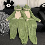 Getadme Kigurumis Dinosaur Women Men Pajamas Jumpsuits Sleepwear Winter Thicken Couples Hooded Pyjamas Velvet Zipper Onesie Soft Warm