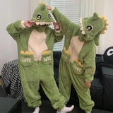 Getadme Kigurumis Dinosaur Women Men Pajamas Jumpsuits Sleepwear Winter Thicken Couples Hooded Pyjamas Velvet Zipper Onesie Soft Warm