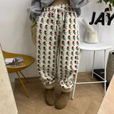 GETADME Korean Sle Sweet Floral Lamb Wool Casual Pants Women Winter New Warm Drawstring Loose All-Match Long Pants Fashion