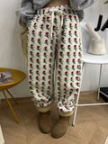 GETADME Korean Sle Sweet Floral Lamb Wool Casual Pants Women Winter New Warm Drawstring Loose All-Match Long Pants Fashion