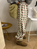 GETADME Korean Sle Sweet Floral Lamb Wool Casual Pants Women Winter New Warm Drawstring Loose All-Match Long Pants Fashion