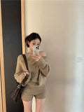 GETADME Korejpaa Elegant Sweater Short Sets Women Autumn Winter Slanted Shoulder Knitted Sweaters High Waist Shorts Two Piece Set