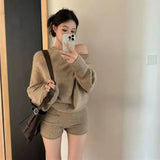 GETADME Korejpaa Elegant Sweater Short Sets Women Autumn Winter Slanted Shoulder Knitted Sweaters High Waist Shorts Two Piece Set