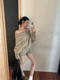 GETADME Korejpaa Elegant Sweater Short Sets Women Autumn Winter Slanted Shoulder Knitted Sweaters High Waist Shorts Two Piece Set